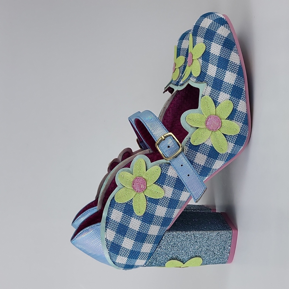 Irregular Choice Blue Gingham Floral Mary Jane Heels - Picture 6 of 15